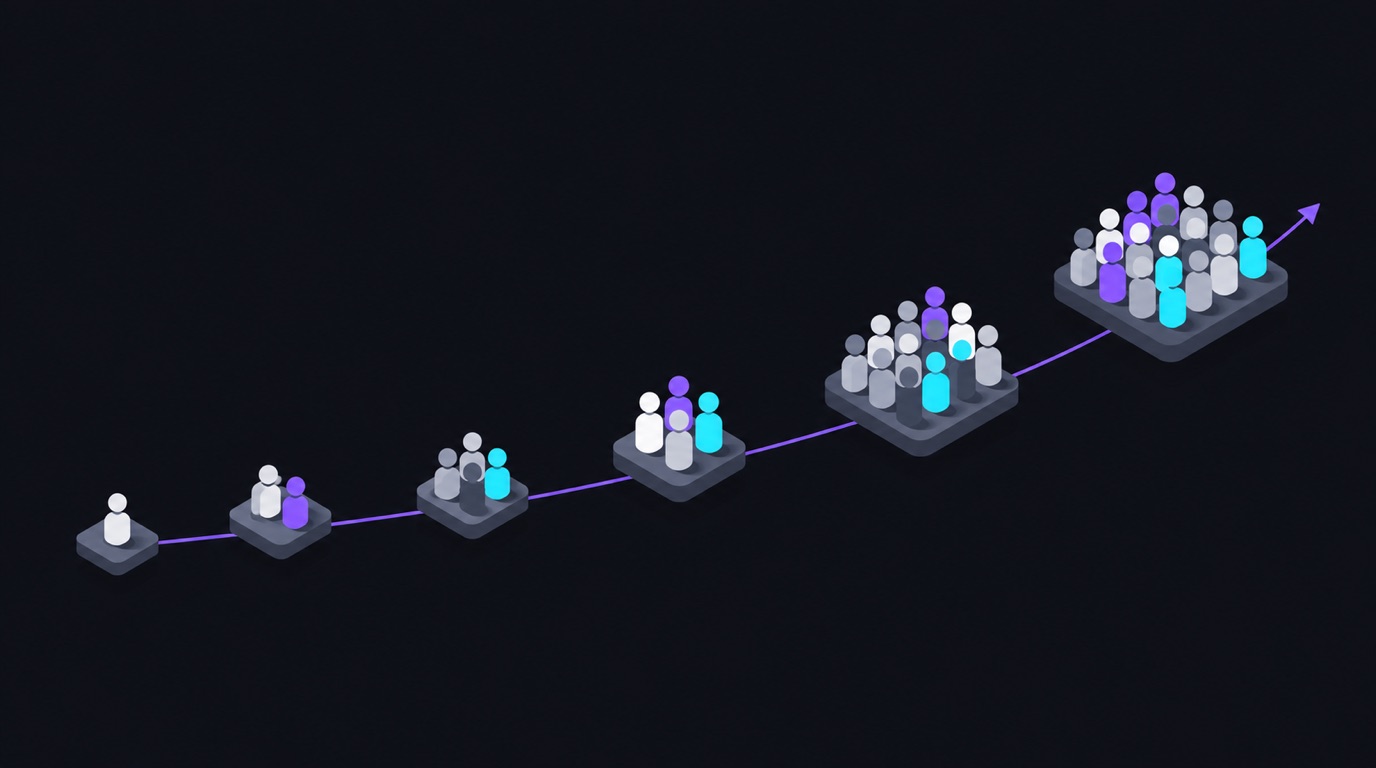 An upward curve connecting a growing row of person nodes
