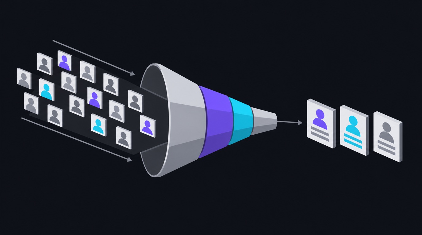 A funnel narrowing into a short row of contact cards